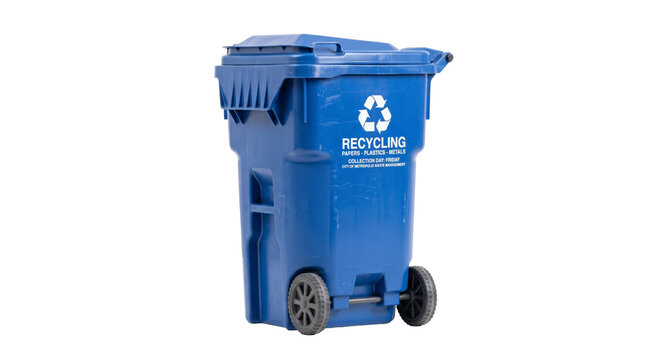 Blue wheeled recycling bin with recycling symbol and collection day information