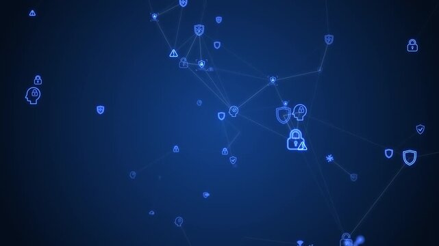 Glowing cyber security network background connecting shield icons, padlocks, big data, artificial intelligence, and cloud privacy connection in futuristic digital technology concept