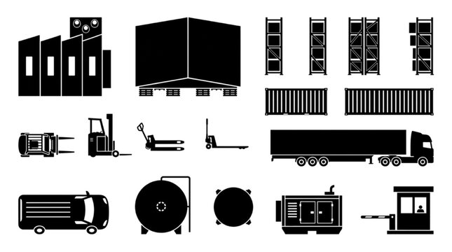 Industrial warehouse equipment and logistics site plan vector CAD block set

