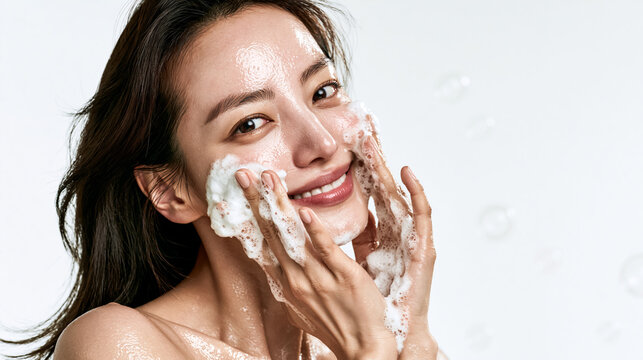 Smiling Korean Woman Washing Face with Foam Cleanser, Skincare