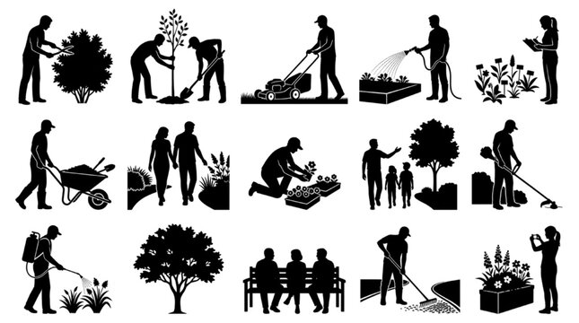 Lawn care and landscape maintenance workers vector silhouette CAD set
