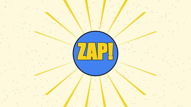 Comic book style zap sound effect animation with retro sunburst 4k background, and pop typography