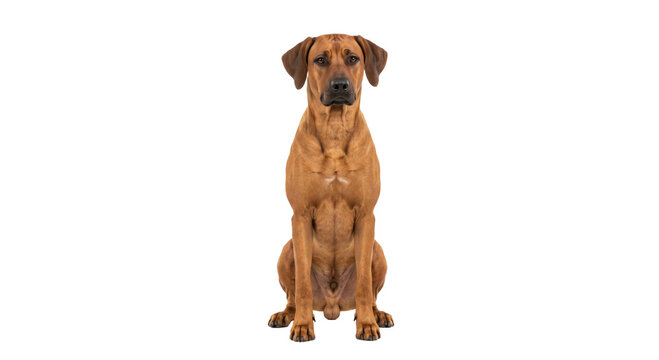 Rhodesian Ridgeback dog sitting attentively on a white background, studio portrait