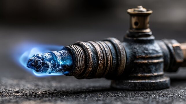 Bunsen burner with blue flame. Laboratory equipment for scientific research and testing.
