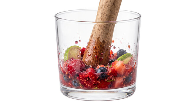 Muddling fresh berries and lime slices in a glass with a wooden muddler