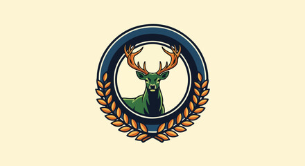 Obraz premium Stag deer head illustration inside a circular laurel wreath emblem.