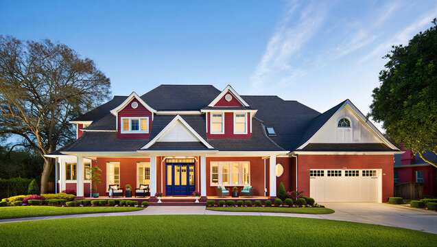 Traditional two story red brick family house with large front lawn real estate blue sky exterior
