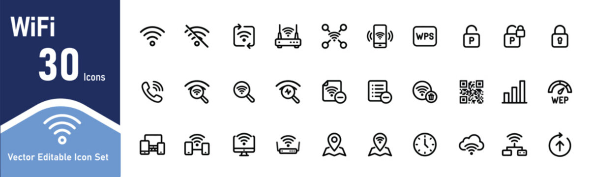 Set of various business and technology line icons on a white background with a blue wifi sidebar