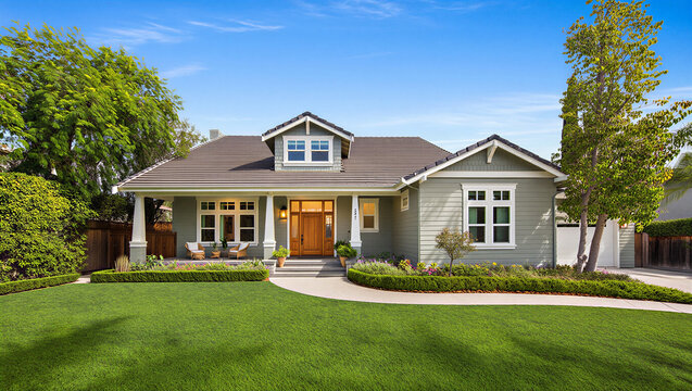 Single story suburban ranch home with green siding and manicured lawn real estate curb appeal