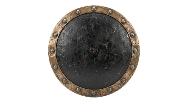 Ancient round shield with weathered texture and brass rim detail