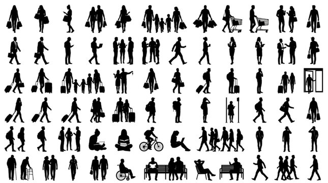Pedestrians and shoppers silhouette vector CAD block scale people set
