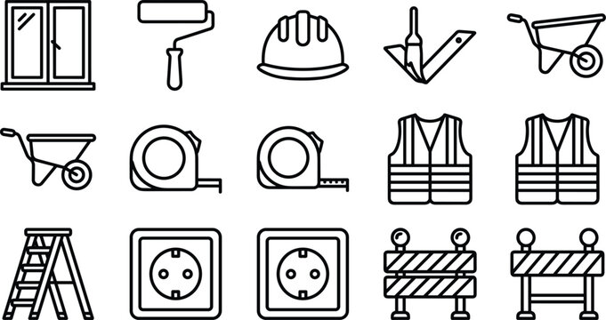 Construction and Home Improvement Line Icon Set Featuring Window Roller Helmet Tape Measure Safety Vest Ladder Barrier Symbols