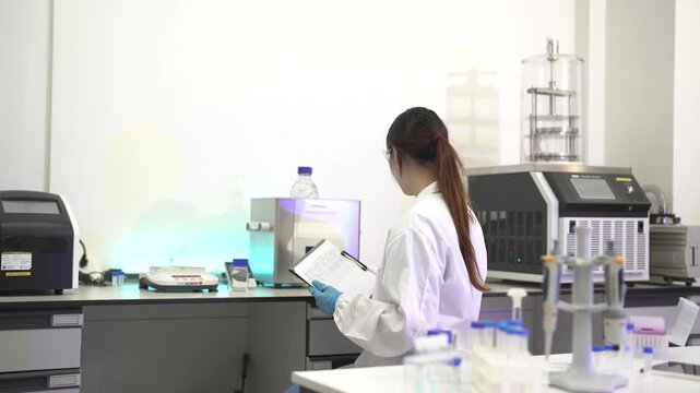 Scientists collaborate in a modern laboratory conducting chemical research, data analysis and experiments, innovation, biotechnology, healthcare and science.