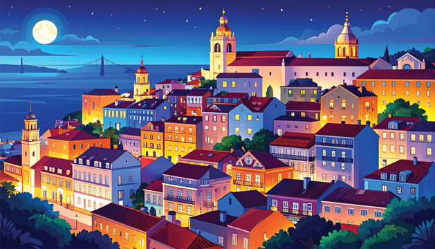 Vibrant European Town Square at Dusk with Illuminated Buildings and Bell Tower