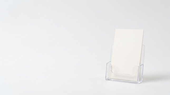 Blank vertical card in a clear acrylic holder on a white background, perfect for branding mockup, office display, and marketing materials