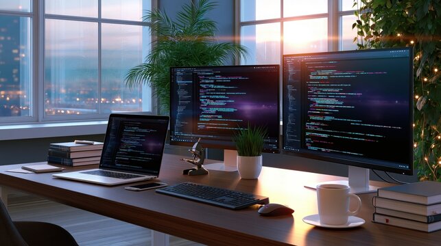 Coding workstation with multiple monitors displaying data and city skyline at sunset with warm ambient light