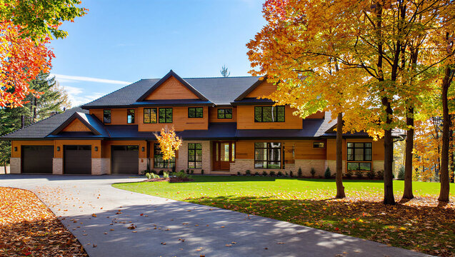 Large luxury house with autumnal colors and fall foliage in front yard real estate architecture