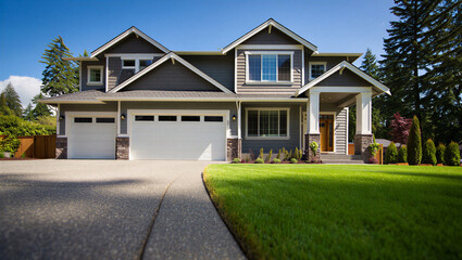Obraz premium Modern suburban home with large garage and manicured lawn real estate curb appeal residential