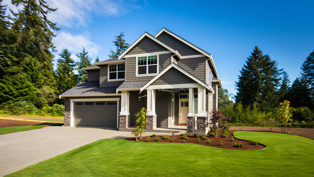 Contemporary two story suburban home with dark gray siding real estate curb appeal suburban
