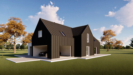 Obraz premium Modern black metal siding house with integrated garage real estate architecture residential