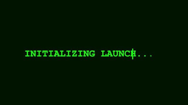 Initializing launch text animation on 4k black background, retro computer terminal style