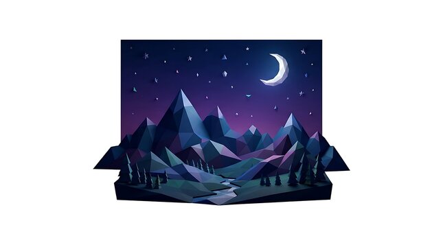 Low poly mountain landscape at night with crescent moon and starry sky vector illustration isolated on white