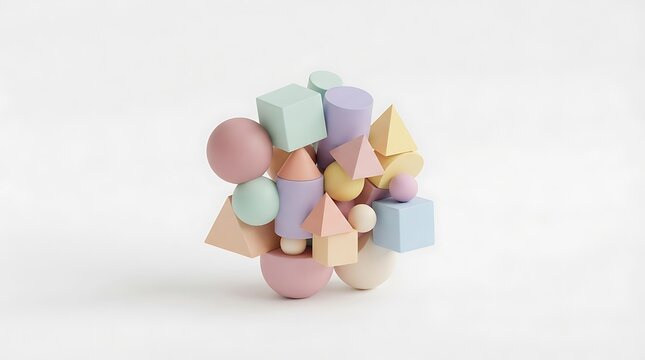 Abstract composition of pastel colored 3D geometric shapes including spheres, cubes, cones, and pyramids on white background