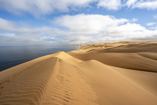 Sand dunes and sea, Atlantic coast and sandy desert with sea of dunes, Sandwich Harbour, Namib Naukluft Park, Namib Desert, Namibia