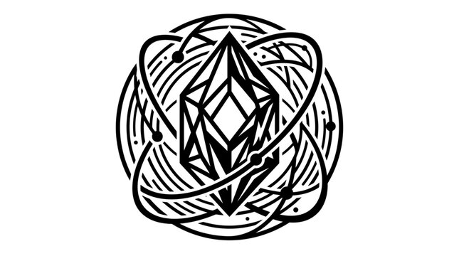 Mystical crystal atom vector, geometric gem with orbital rings, celestial crystal logo