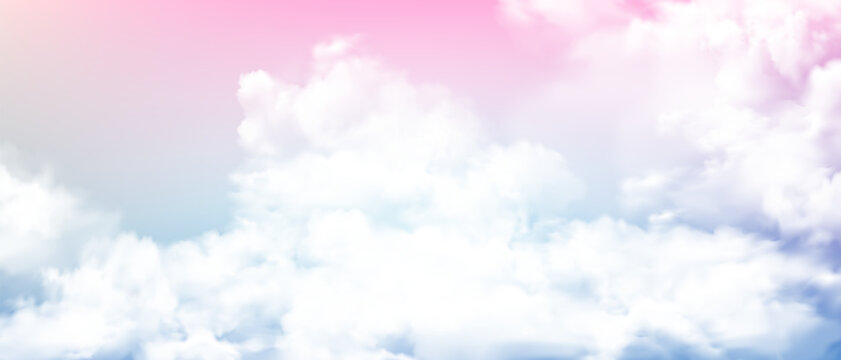 Pastel pink sky cloud with holographic rainbow gradient texture for unicorn, mermaid or kawaii background. Fluffy white fog and blue sky landscape. Fire smoke or nature element pattern. Space art.