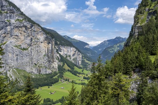 View of the picturesque valley of Lauterbrunnen with Staubbach Falls, mountain landscape, Bernese Alps, Bernese Oberland, Switzerland