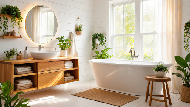 Modern zen bathroom interior design with freestanding tub and plants bathroom interior wellness