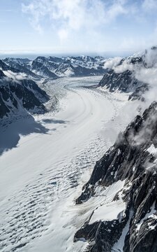 Ruth Glacier, epic mountains with large valley glacier, aerial view, Alaska Range, Denali National Park, Alaska, USA
