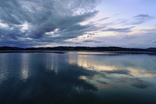 Cloud formation over Lac d'Aiguebelette, Large Natural Lake, at the foot of the &Eacute;pine Mountains, Aiguebelette-le-Lac, Savoie Department, France