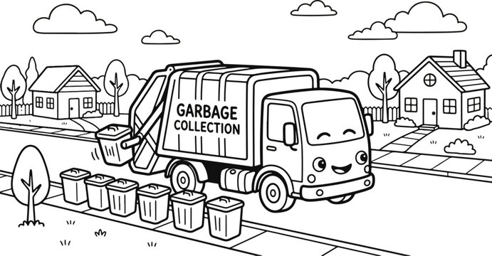 Cartoon garbage truck collecting trash bin with mechanical arm and worker