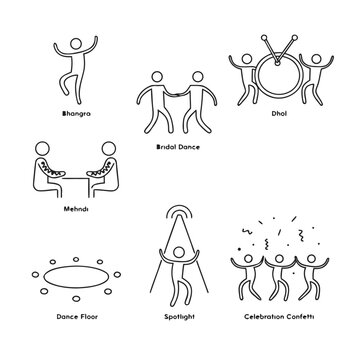 Cultural Group Dance Vector Icons &ndash; Bridal Dance, Dance Floor & Celebration Line Icon Bundle