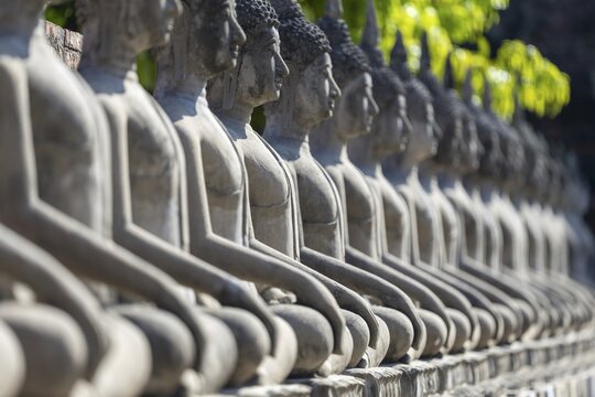 Row of Buddha statues (Bhumispara-mudra, Buddha Gautama at the moment of enlightenment), Great Chedi Chaya Mongkol, Wat Yai Chai Mongkon, Ayutthaya, Thailand