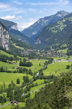 View of the picturesque valley of Lauterbrunnen with Staubbach Falls, mountain landscape, Bernese Alps, Bernese Oberland, Switzerland