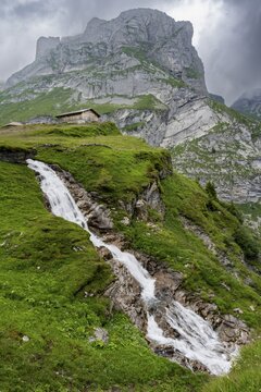 Waterfall on Sousbach, Oberberg Almen, picturesque mountain landscape, Bernese Alps, Bernese Oberland, Switzerland