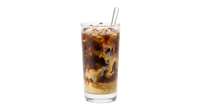 Refreshing iced coffee with cream swirling into dark brew and ice cubes