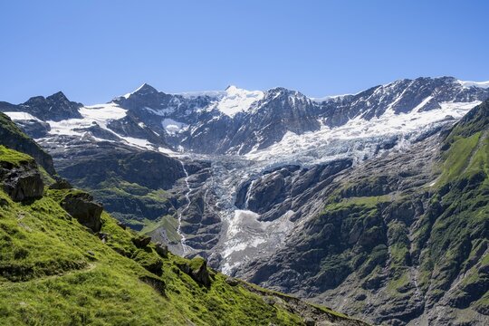 Glaciated mountain peaks, mountain landscape with Grindelwald-Fiescherfirn glacier, Bernese Alps, Bernese Oberland, Switzerland