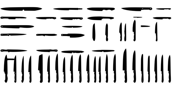 Knives set with 24 distinct black and white silhouettes arranged in a symmetrical 4x6 grid featuring knife silhouettes, high-contrast vector, minimalist lines with white background and flat lighting