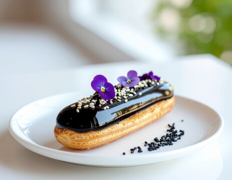Premium Black Sesame &Eacute;clair with Glossy Mirror Glaze and Edible Flowers on White Plate