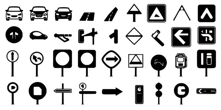Collection of 24 minimalist, black and white road and traffic signs arranged in a 4x6 grid, including symbols for cars, speed bumps, directions, gas stations, and more. The signs are simple, clean,...