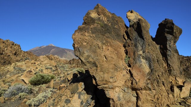 Large volcanic rocks under a clear sky against an impressive backdrop, Teide, Parque Nacional del Teide, Teide National Park, volcano, volcanism, UNESCO World Heritage Site, Tenerife, Canary Islands, Spain