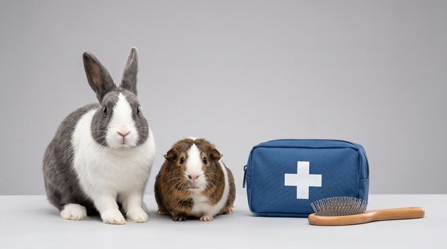 Rabbit and guinea pig with first aid kit and grooming brush for small animal healthcare