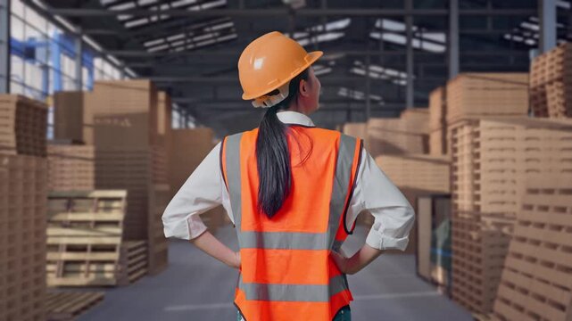 Back View Of A Female Engineer Wearing Safety Helmet Looking Around While Standing With Arms Akimbo with Stacked Wooden Pallets