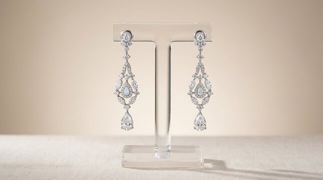 Elegant pair of silver diamond drop earrings displayed on a professional jewelry stand for sale. bridal earrings set