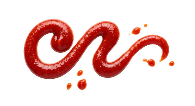 A vibrant swirl of red tomato ketchup with droplets on a clean white background
