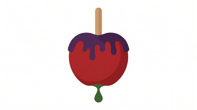 Minimalist 2D flat vector illustration of a spooky red candy poison apple on a stick with dripping dark syrup